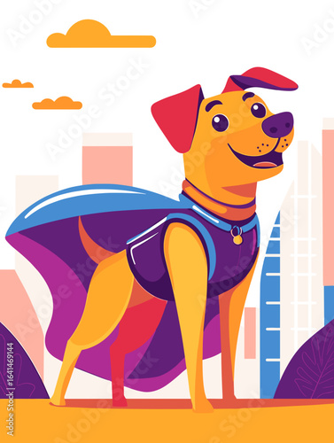 Happy dog in a superhero costume participating in a parade for International Dog Day