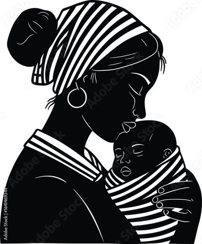 Silhouette of loving mother holding baby, maternal care vector, motherhood embrace illustration, baby wrapped in striped cloth, tender moment, parenting love, black vector art