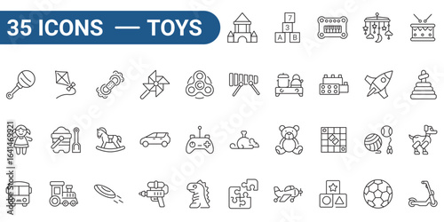 Thirty five toys icons with outline style, Perfect for children's websites, educational resources, and toy stores. A collection of toy themed icons for digital and print designs. editable stroke. 