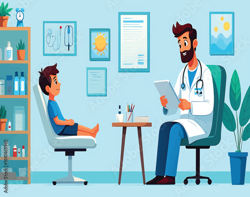 Friendly male pediatrician consulting with a young boy patient in a clinic. Vector illustration of a medical checkup.
