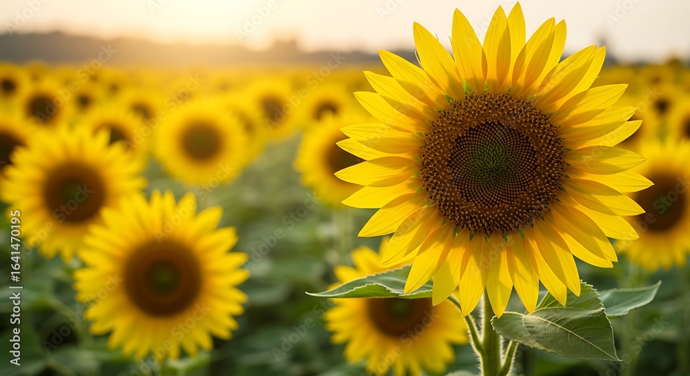 Fototapeta premium Vibrant sunflower in a summer field at sunset