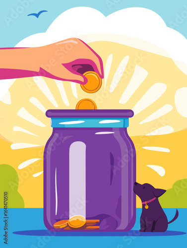Hand dropping coin into a donation jar with a dog silhouette on a colorful background