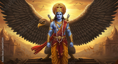 Illustration of blue skinned deity with eagle wings and temple backdrop at sunset time