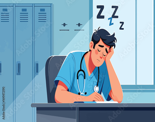 Tired healthcare worker character asleep at the hospital office table. Vector concept of overwork and fatigue in the medical field.