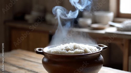 Steaming Rice in Rustic Clay Pot: A Culinary Delight