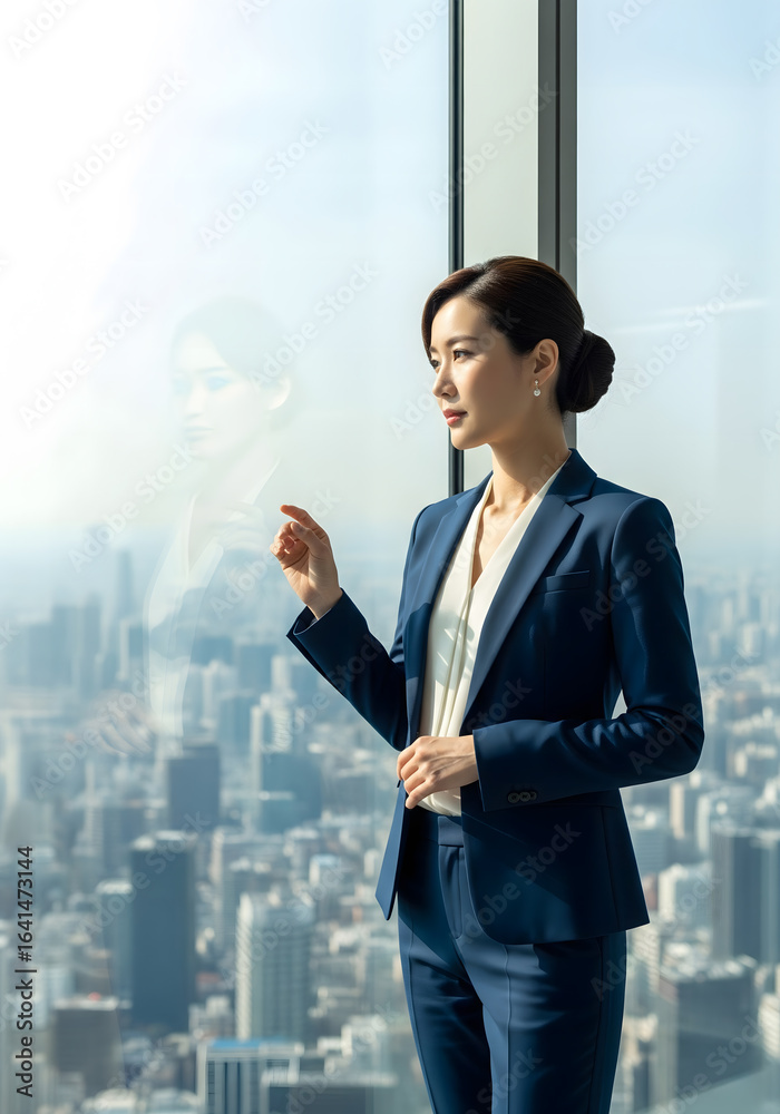 Fototapeta premium A sophisticated middle-aged businesswoman in a suit gazes out of a high-rise office window at the city below, looking calm and pensive