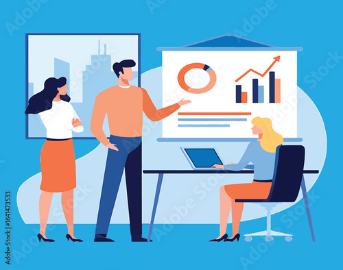 Vector illustration of a business team in a meeting, analyzing data charts and graphs during a presentation. Corporate teamwork and strategy concept.