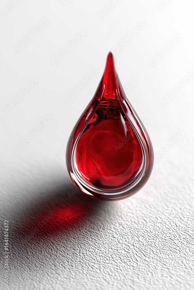 Obraz premium Goutte de sang rouge cristalline en verre sur surface texturee blanche