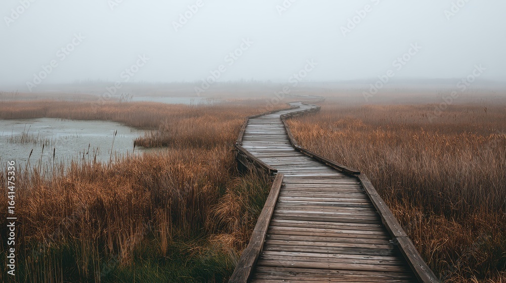 Obraz premium Boardwalk path in swamp. Fog in background. Eerie. Ideal nature/solitude/escape