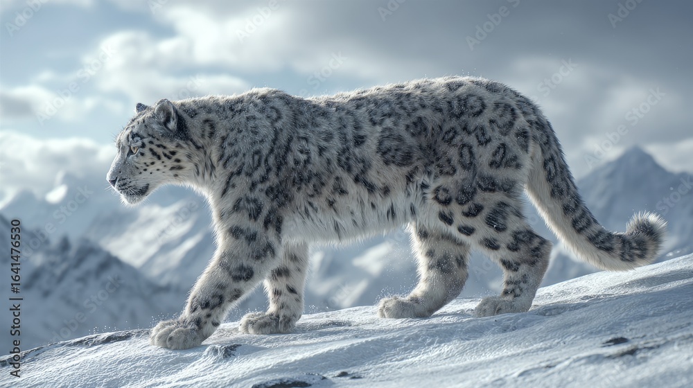 Fototapeta premium A snow leopard strides across a snowcovered mountain with distant peaks and a cloudy sky in the background