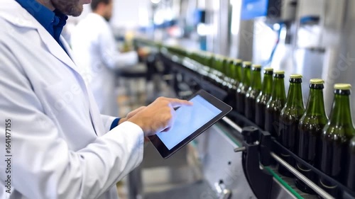 Wallpaper Mural Worker in lab coat monitors production line with tablet with brewery factory. Torontodigital.ca