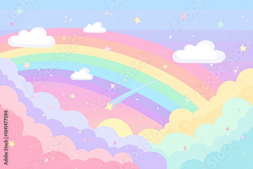 Pastel rainbow sky with fluffy clouds and stars (1)
