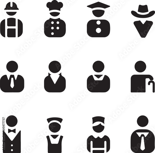 Twelve black silhouette icons of people in various professions