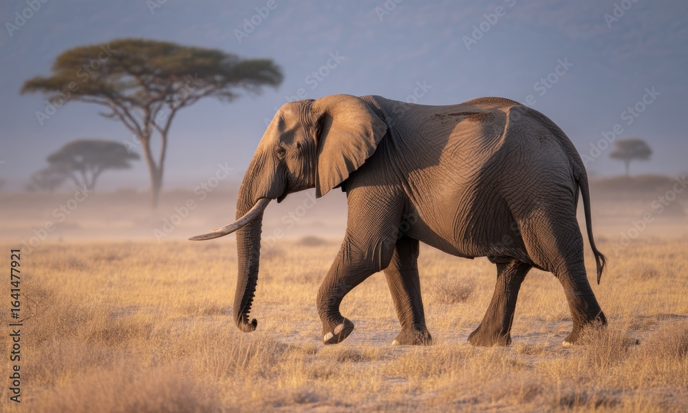 Fototapeta premium African elephant walks through dry, golden savanna with trees in a hazy background
