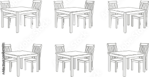 Modern dining table and chair sets, symmetrical furniture arrangement, minimalist interior design, patterned backrest chairs, clean layout, commercial space decor