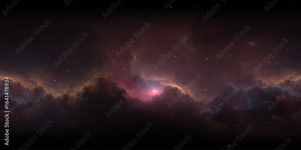 Fototapeta premium 360 degree space nebula. Giant interstellar cloud with stars, equirectangular projection, environment map. Spherical panorama. 3D rendering, Fractal image