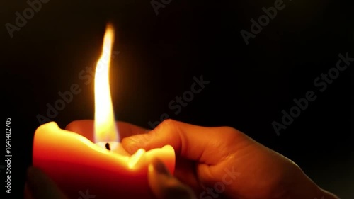 Close-up of Hands Holding a Lit Candle in the Dark