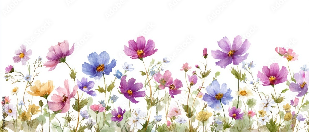 Fototapeta premium Watercolor floral border with cosmos and wildflowers in pastel shades of pink, purple,