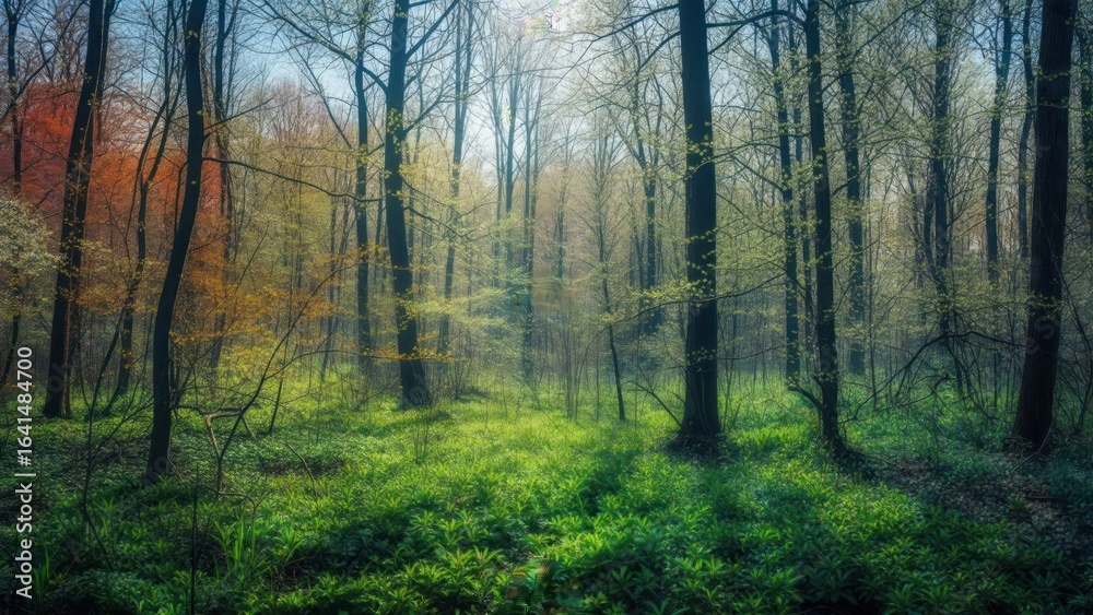 Fototapeta premium Misty Spring Forest: Lush Green Undergrowth Bathed in Soft Light Through Tall Trees