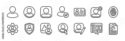 User profile icon set. Contains people or person picture, avatar, official, business card, fingerprint login access, edit photos, document data, website, settings, security, logout vector illustration