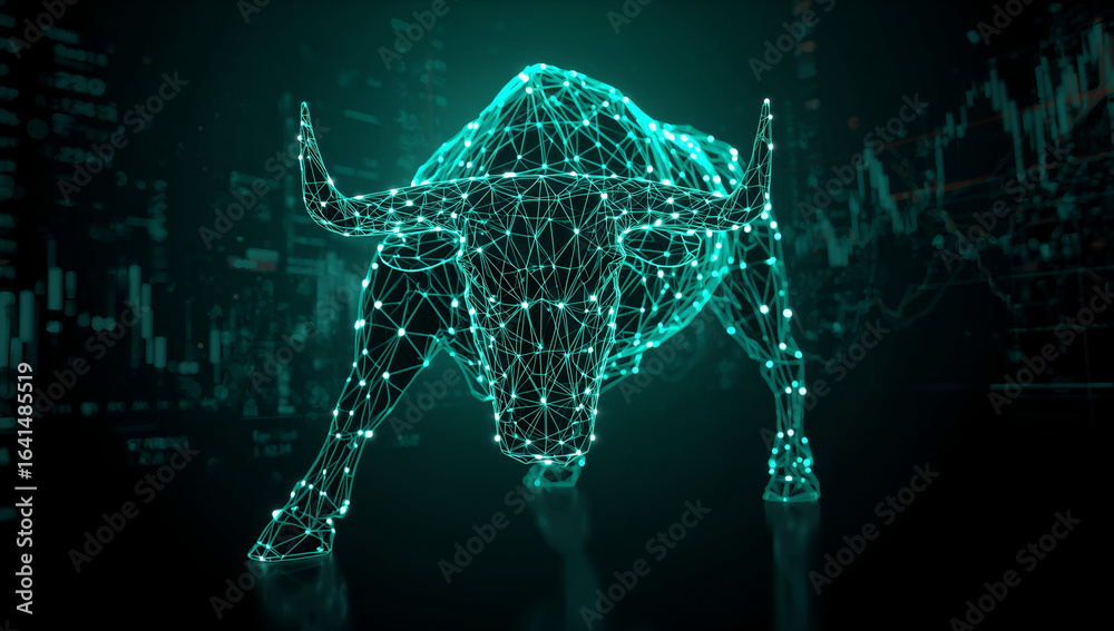 Obraz premium Bullish Market Surge: Modern Bull Line Art with Dynamic Stock Charts