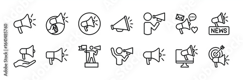 Megaphone, loudspeaker, speaker, bullhorn icon set. Contains news announcement, activism, public message, communication, announce, loud audio sound, social media, voice. Vector illustration