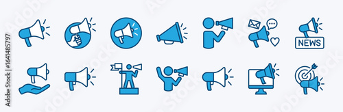 Set of megaphone, loudspeaker, speaker, bullhorn icon. Contains news announcement, activism, public message, communication, announce, loud audio sound, social media, voice. Vector illustration