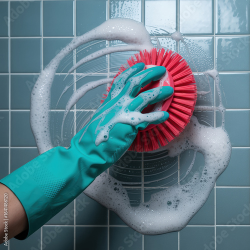 Invigorating Tile Transformation A Hand in Teal Glove Cleans with Pink Brush and Foamy Cleanser on Blue Tiled Wall for a Sparkling Clean Home