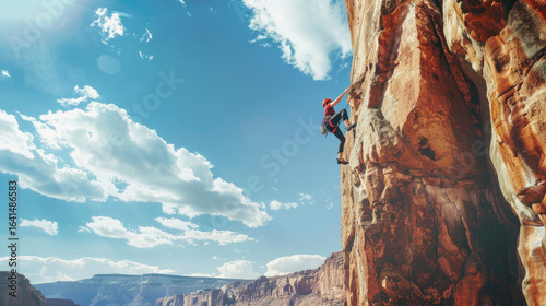 Adventurous Rock Climber Scaling a Steep Cliff Against a Stunning Blue Sky with Dramatic Clouds in a Majestic Canyon Landscape