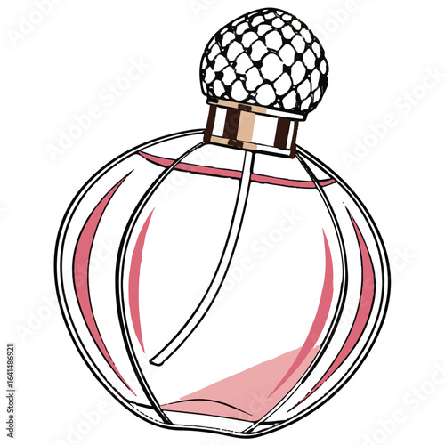 Elegant perfume bottle isolated on white background with a pink liquid and decorative cap design