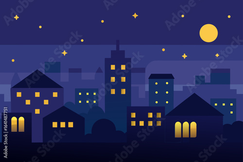 Cityscape at night with moon