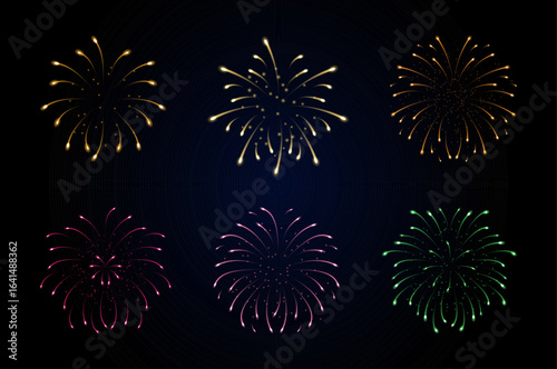 Realistic Fireworks set. Sparkling firecracker in dark sky. Colorful shimmering explosions for holiday 3d elements. New year Christmas Diwali decoration.