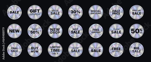 Neon hologram stickers big set. Round label with holographic effect. Isolated Shiny rainbow emblems. Retro gradient circle tag. Sale, free, save, off. Vector illustration