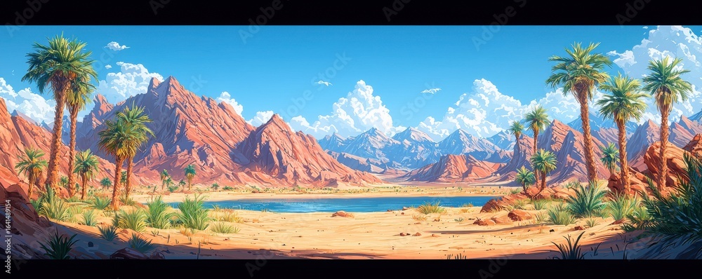 Naklejka premium Serene desert landscape with palm trees, sandy terrain, and distant mountains