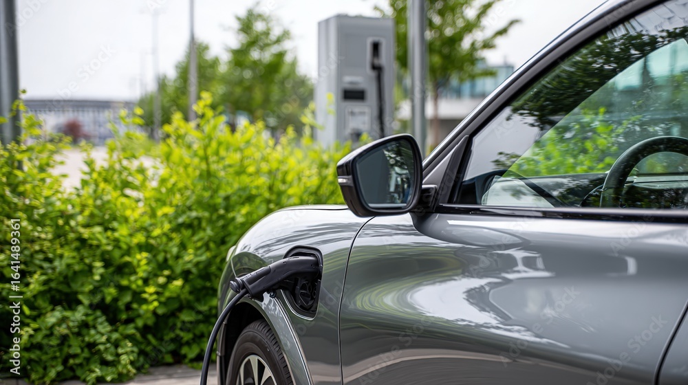 Fototapeta premium Charging Electric Vehicle at Station: Sustainable Transportation and Eco-Friendly Commuting for Greener Future