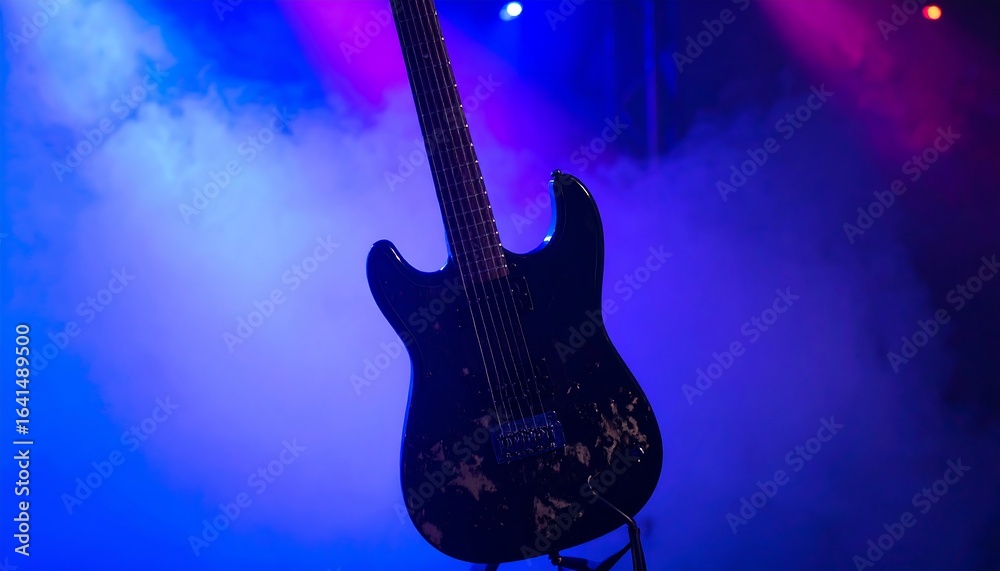 Naklejka premium Electric guitar on stage, vibrant lighting