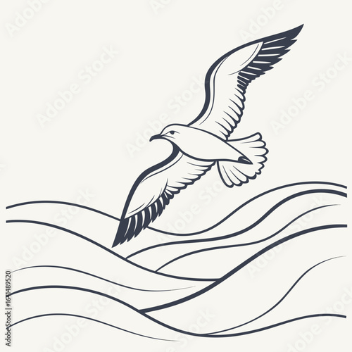 Vector illustration of a black flying bird silhouette with wings, like an eagle or seagull