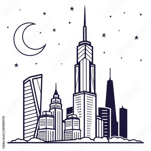 Night city skyline vector illustration with buildings and landmarks