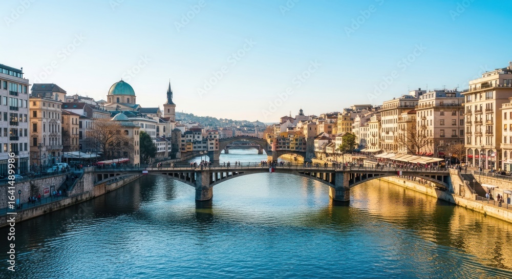Fototapeta premium City river flows under arching bridges and historic buildings in daylight