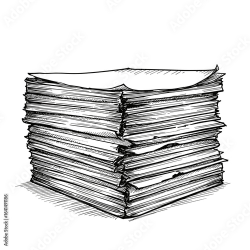 Vintage ink sketch tall stack of paper documents doodle black and white vector illustration on white background, engraving woodcut style