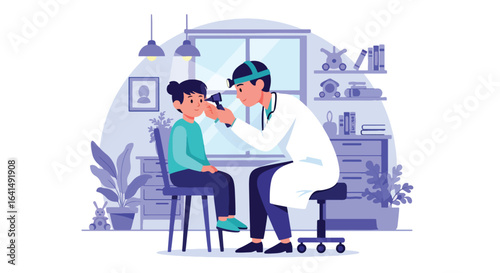 Adobe illustrator vector flat style illustration of a female ENT doctor or otolaryngologist examining a young kid's ear, highlighting pediatric ear health check-ups and specialized care
