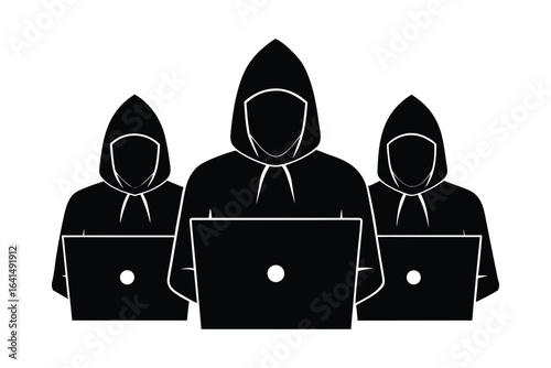 Three hooded figures working on laptops in a cybercrime concept