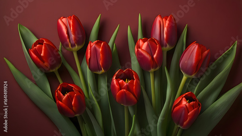 "Elegant Red Tulips Bouquet on a Dark Red Background"