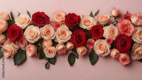 "Flat Lay of Pink and Red Roses on a Soft Pink Background"