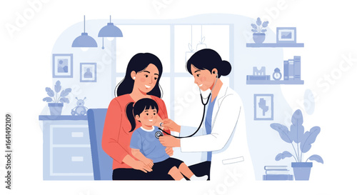 Adobe illustrator vector flat style illustration of a doctor pediatrician examining a young kid's chest with a stethoscope while his mother is present, for kids' health check-ups