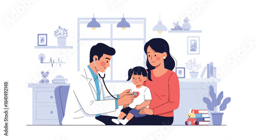 Adobe illustrator vector flat style illustration of a doctor pediatrician examining a young kid's chest with a stethoscope while his mother is present, for kids' health check-ups