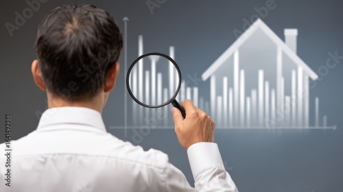 Man analyzing house with magnifying glass, real estate, inspection, investment