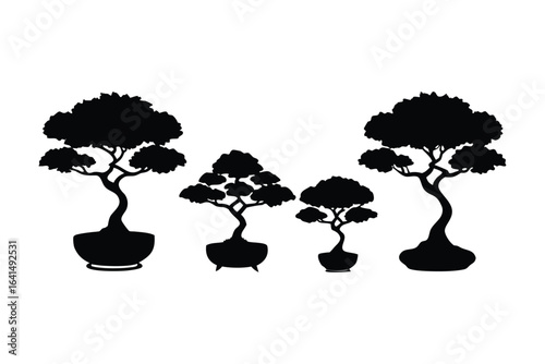 Silhouettes of four stylized bonsai trees in pots