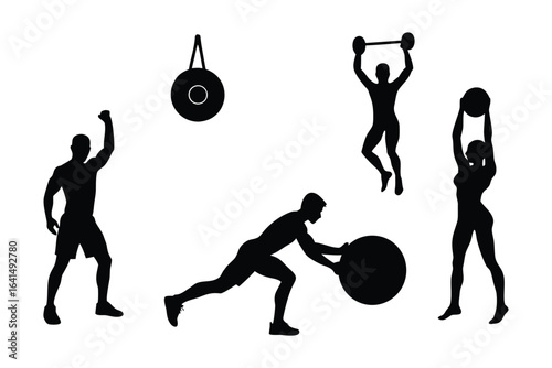 Fitness silhouettes of people exercising with weights and balls