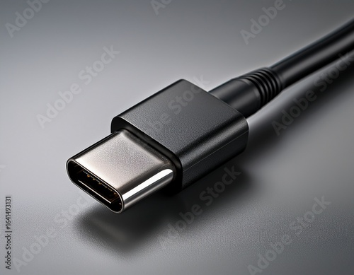 close up of a black usb type c cable connector on a gray background
